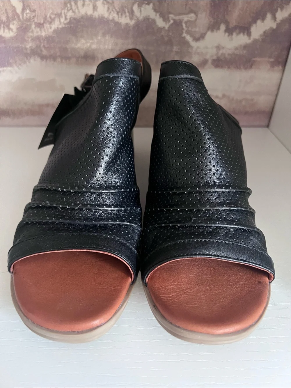 Spring Step Black Perforated Slingback Block Heel Sandal 9